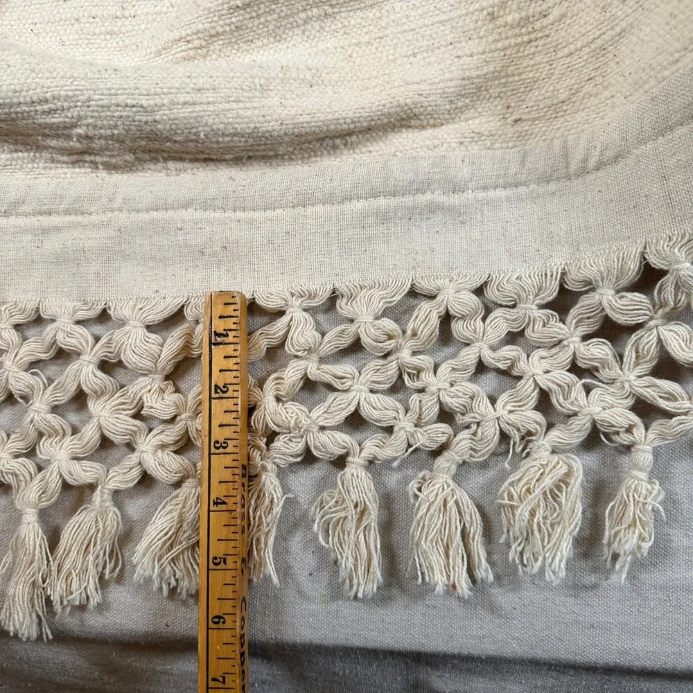 Vintage 70s India Ink Handwoven Cotton Bedspread Cream Macrame Fringe‎ Tassel